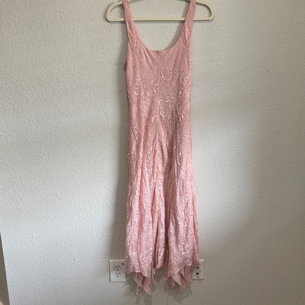 Y2K Alex Evenings Pink Silk Floral‎ Rose Burnout Beaded Handkerchief Fairy Dress - Picture 8 of 10